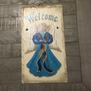 Christmas guardian Angel slate welcome sign blue gold ivory handpainted